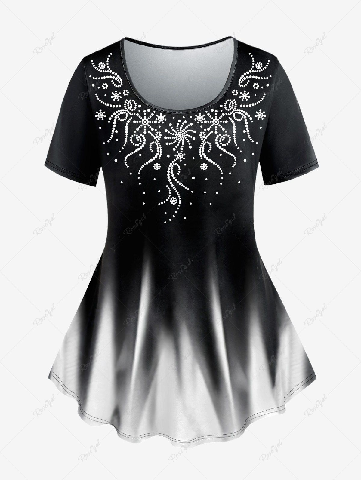 T-shirt Ombre Figure Floral Imprimé de Grande Taille à Paillettes Noir 6X