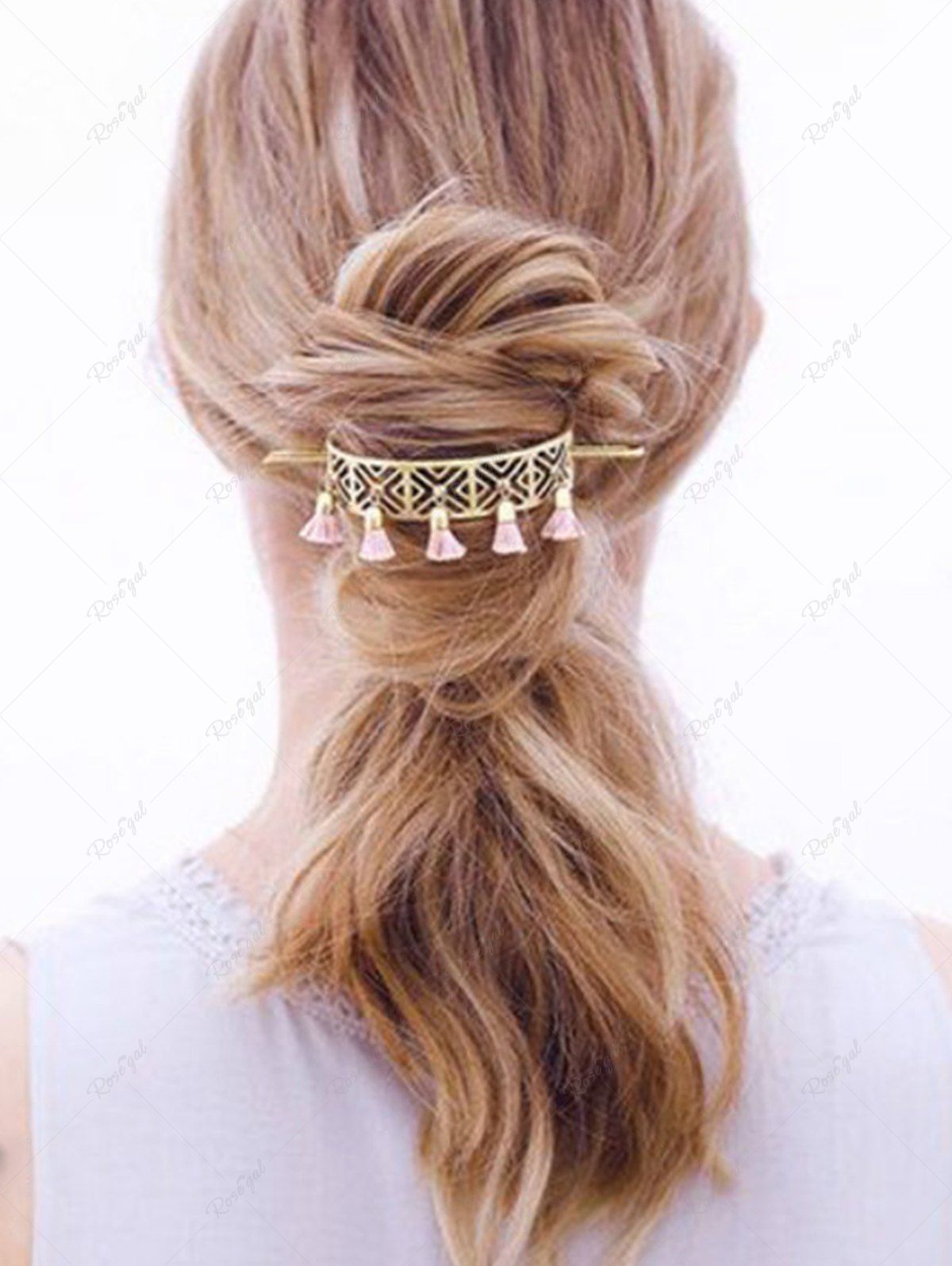 Hollow Out Ring Tassel Hair Stick Rose clair 