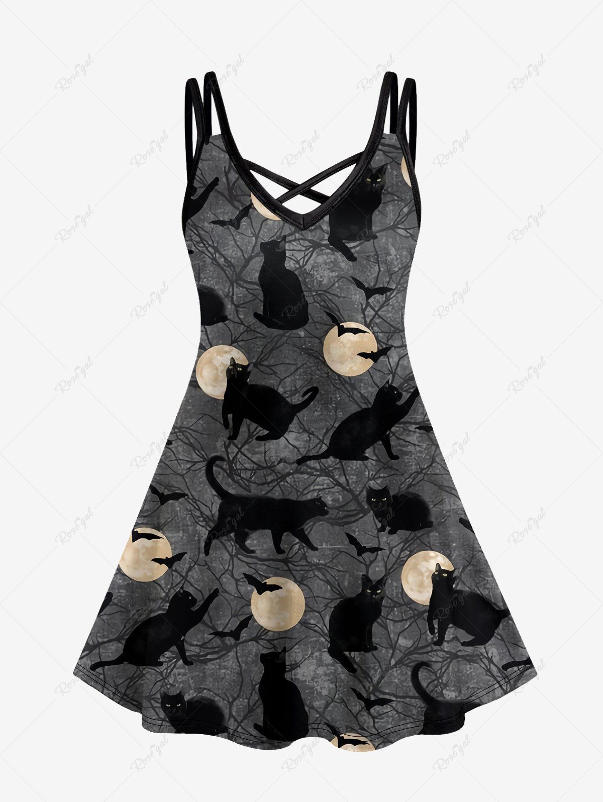 Online Gothic Cat Moon Bat Print Crisscross Cami Dress  