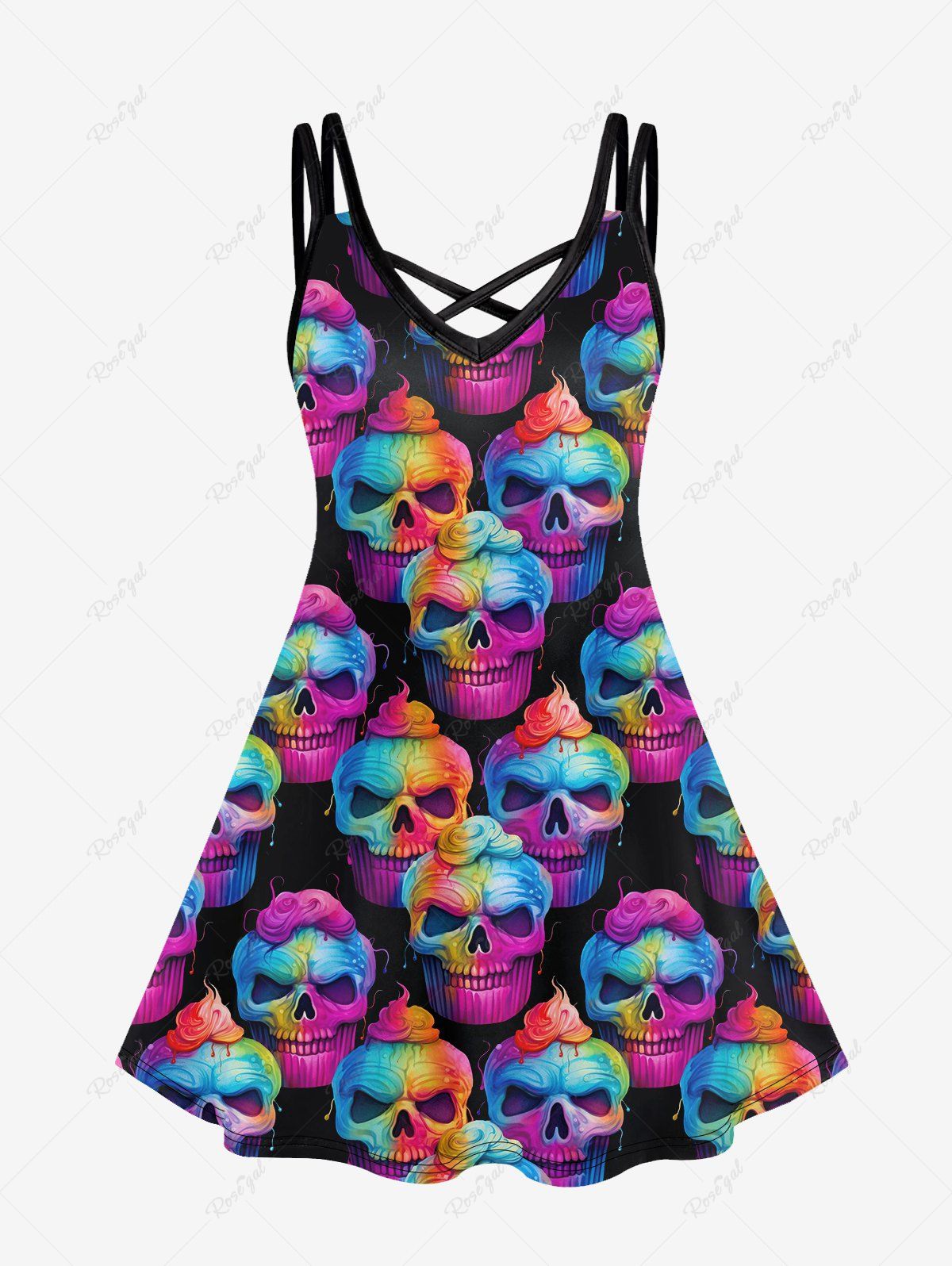 Hot Gothic Skull Print Crisscross Cami Dress  