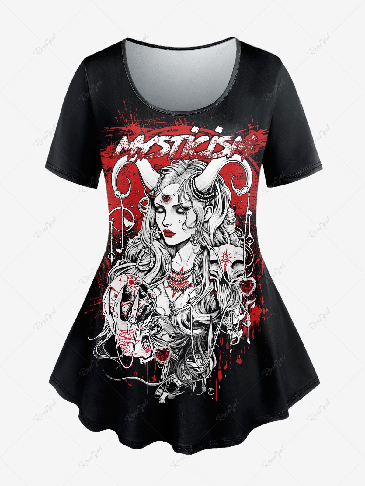 Fashion Gothic Mysterious Girl Skull Heart Pendant Print T-shirt  