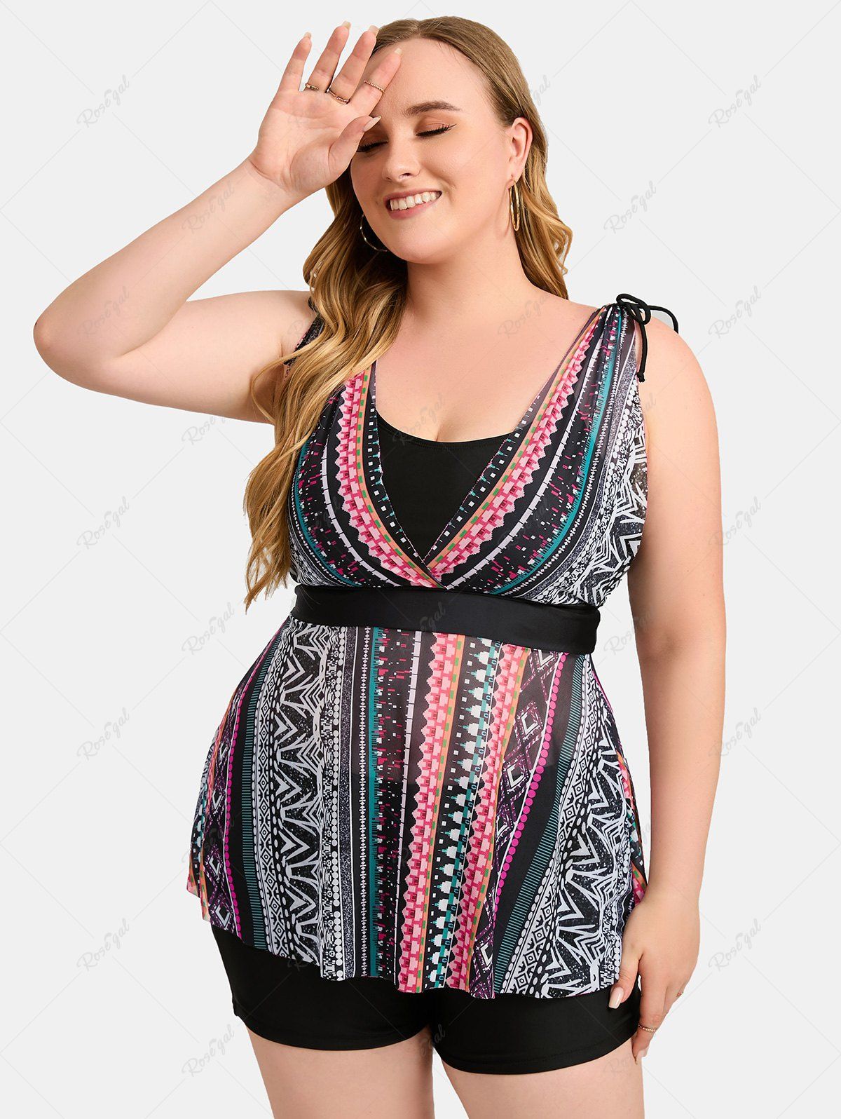 Fancy Plus Size Tie Ethnic Pattern Print Boyleg Tankini Swimsuit  