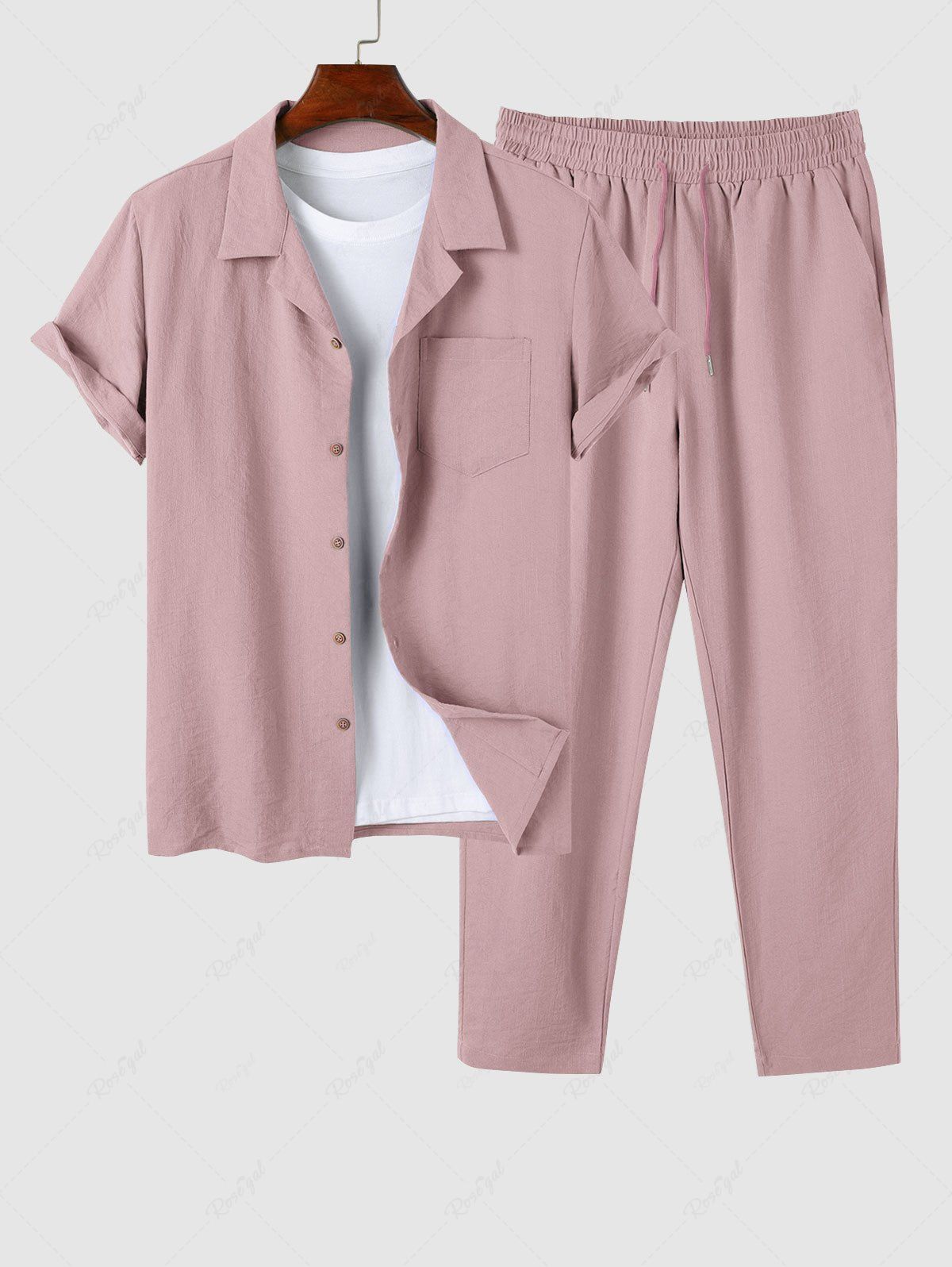 Affordable Men's Solid Color Lapel Collar Button Front Short Sleeve Shirt And Casual Pants Set  