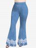 Plus Size Paisley Denim Print Flare Pants -  