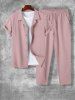 Men's Solid Color Lapel Collar Button Front Short Sleeve Shirt And Casual Pants Set -  