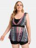 Plus Size Tie Ethnic Pattern Print Boyleg Tankini Swimsuit -  