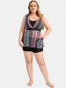 Plus Size Tie Ethnic Pattern Print Boyleg Tankini Swimsuit -  