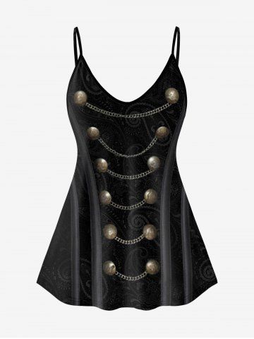 Plus Size 3D Buttons Chains Print Cami Top (Adjustable Shoulder Strap) - BLACK - XS
