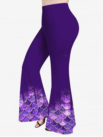 Plus Size Mermaid Print Glitter Flare Pants - PURPLE - L