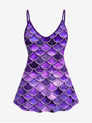 Plus Size Mermaid Print Glitter Cami Top(Adjustable Shoulder Strap) - PURPLE - M