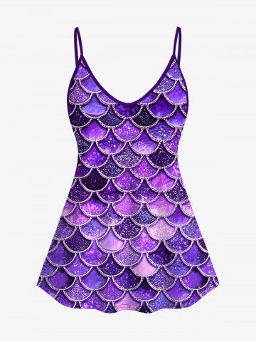 Plus Size Mermaid Print Glitter Cami Top(Adjustable Shoulder Strap) - PURPLE - 3X