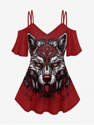 Gothic Wolf Printed Cold Shoulder T-shirt - RED - XS