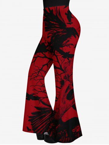 Gothic Eagle Branch Print Flare Pants - RED - M