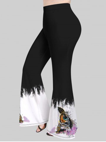 Plus Size Owl Colorblock Ink Painting Print Flare Pants