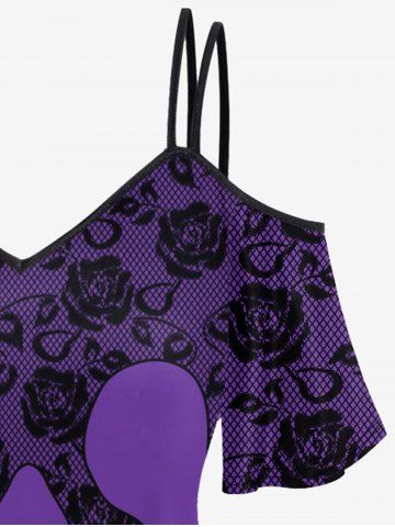 Halloween Plus Size Skull 3D Floral Mesh Print Cold Shoulder T-shirt