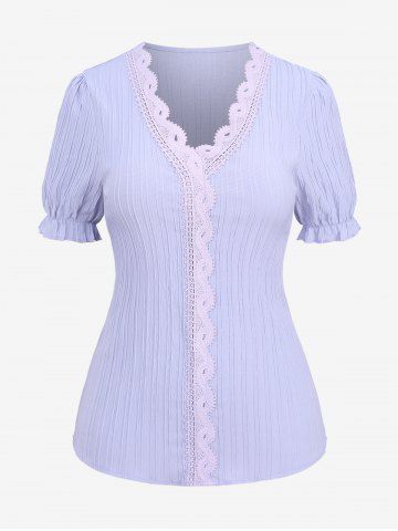 Plus Size Ribbed Lace Trim T-shirt - PURPLE - XL