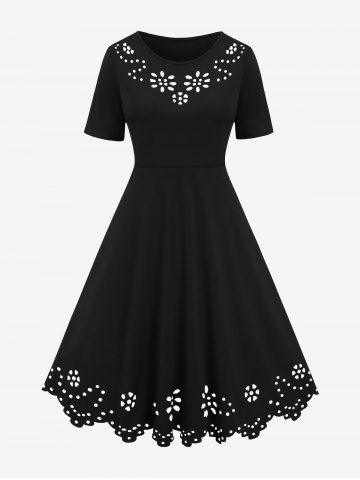 Plus Size Flower Cut Out Dress - BLACK - 4XL
