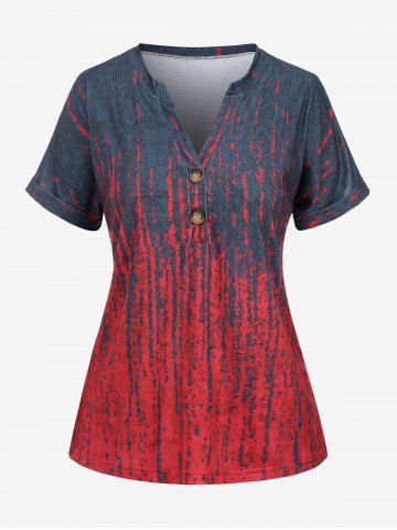 Plus Size Colorblock Print Buttons Pullover T-shirt - DEEP RED - XL