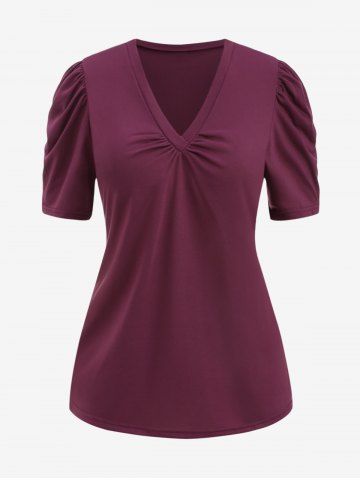 Plus Size V Neck Ruched Short Sleeves T-shirt - DEEP RED - XL