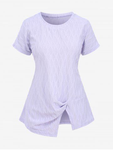 Plus Size Ruched Textured Split T-shirt - LIGHT PURPLE - 3XL
