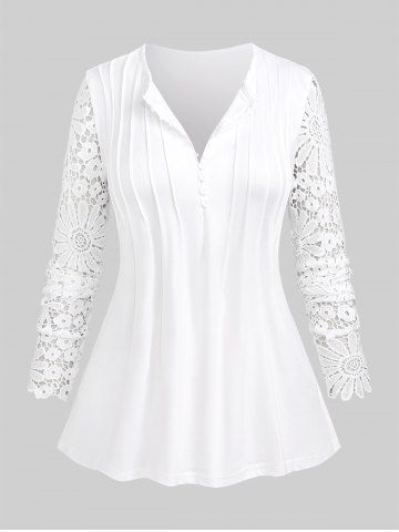 Plus Size Floral Lace Sleeves Pleated Buttons T-shirt - WHITE - XL