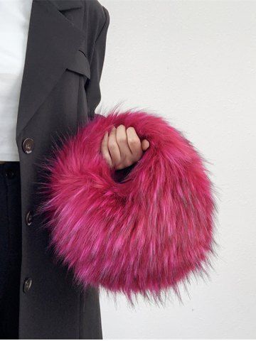 Women's Y2K Aesthetic Punk Style Colorblock Fluffy Faux Raccoon Fur Club Chain Hobo Tote Bag - DEEP RED