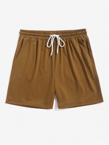 Men's Casual Athleisure Solid Color Drawstring Pockets Pull On Bermuda Shorts - COFFEE - S