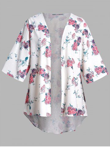 Plus Size Flower Print Swiss Dot Asymmetrical Hem Open Front Casual Cover Up Top - WHITE - 3XL