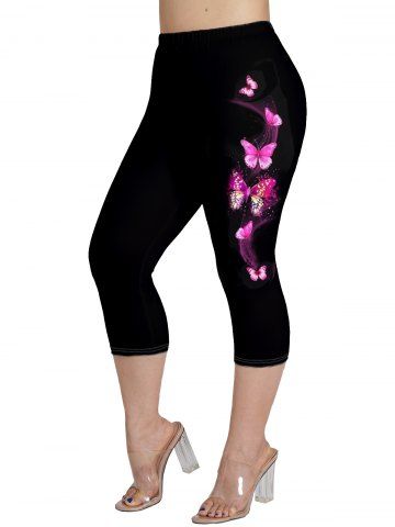 Plus Size Butterfly Print High Waist Cropped Capri Leggings - LIGHT PINK - 3X