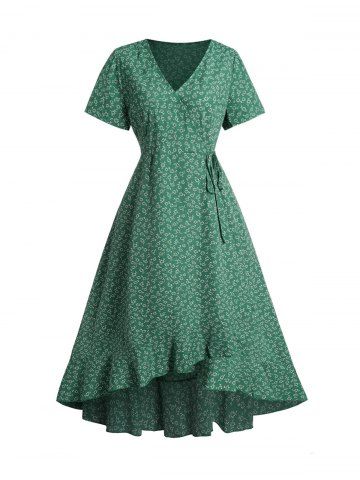 Daisy Print Ruffles Short Sleeve Casual Wrap Dress - DEEP GREEN - M