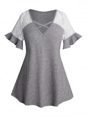 Plus Size Lace Ruffle Crisscross V Neck Casual Top - GRAY - 1X