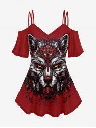 T-shirt Gothique Imprimé Loup à Épaules Nues - Rouge 3X