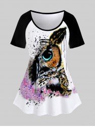 Plus Size Colorblock Ink Painting Owl Print T-shirt -  