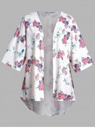 Plus Size Flower Print Swiss Dot Asymmetrical Hem Open Front Casual Cover Up Top -  
