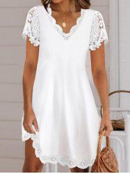 Plain Color Guipure Scallop Hem Eyelash Detail Casual Dress -  