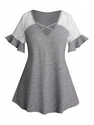 Plus Size Lace Ruffle Crisscross V Neck Casual Top -  