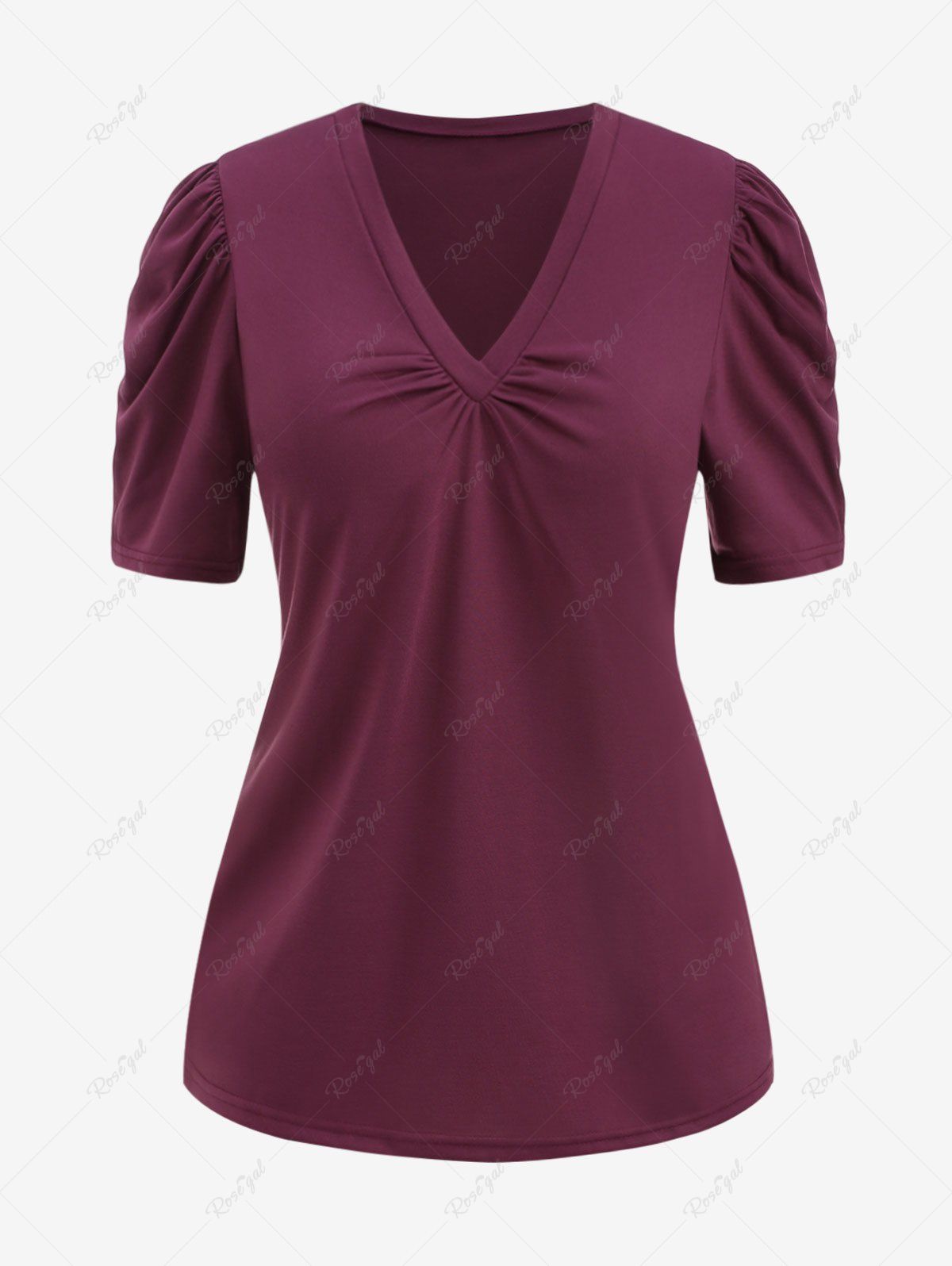 Plus Size V Neck Ruched Short Sleeves T-shirt Rouge foncé 2XL