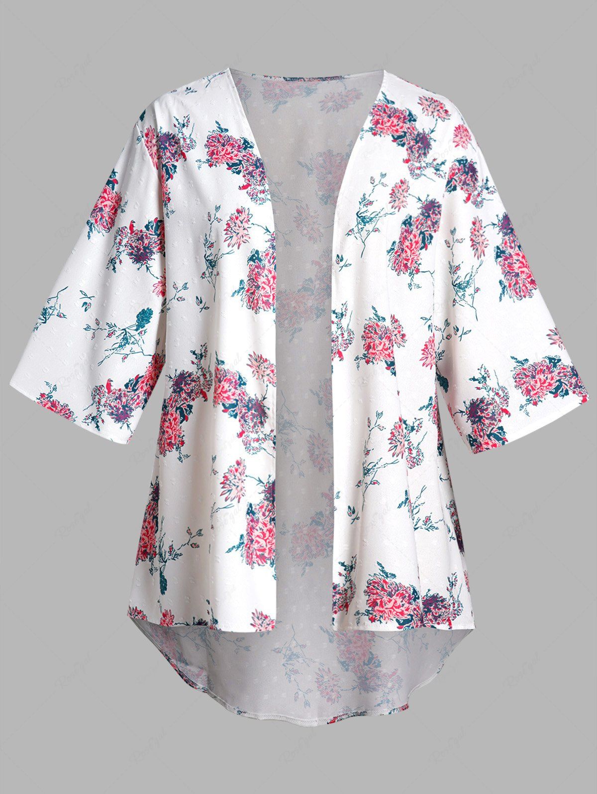 Hot Plus Size Flower Print Swiss Dot Asymmetrical Hem Open Front Casual Cover Up Top  