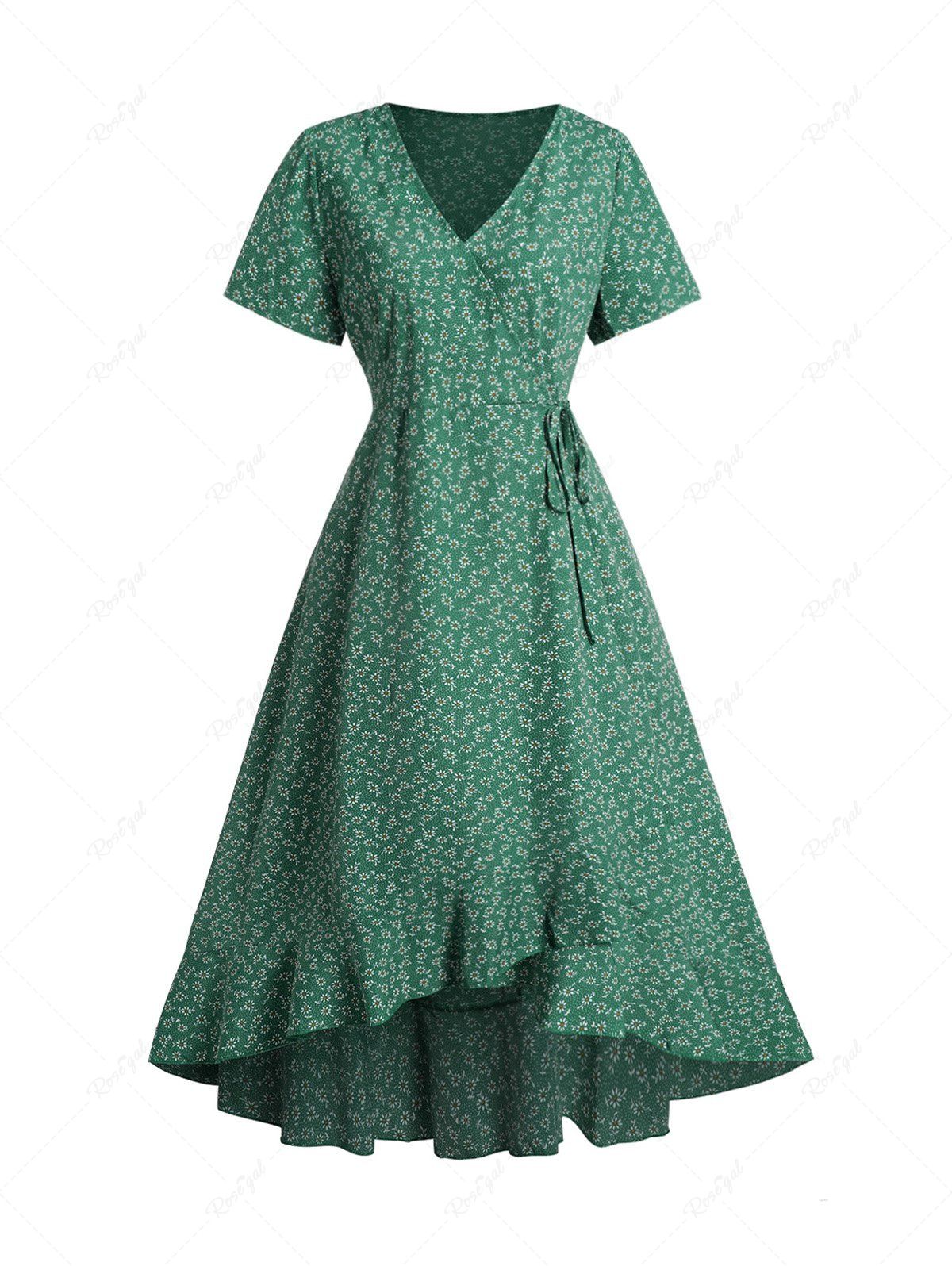 Cheap Daisy Print Ruffles Short Sleeve Casual Wrap Dress  