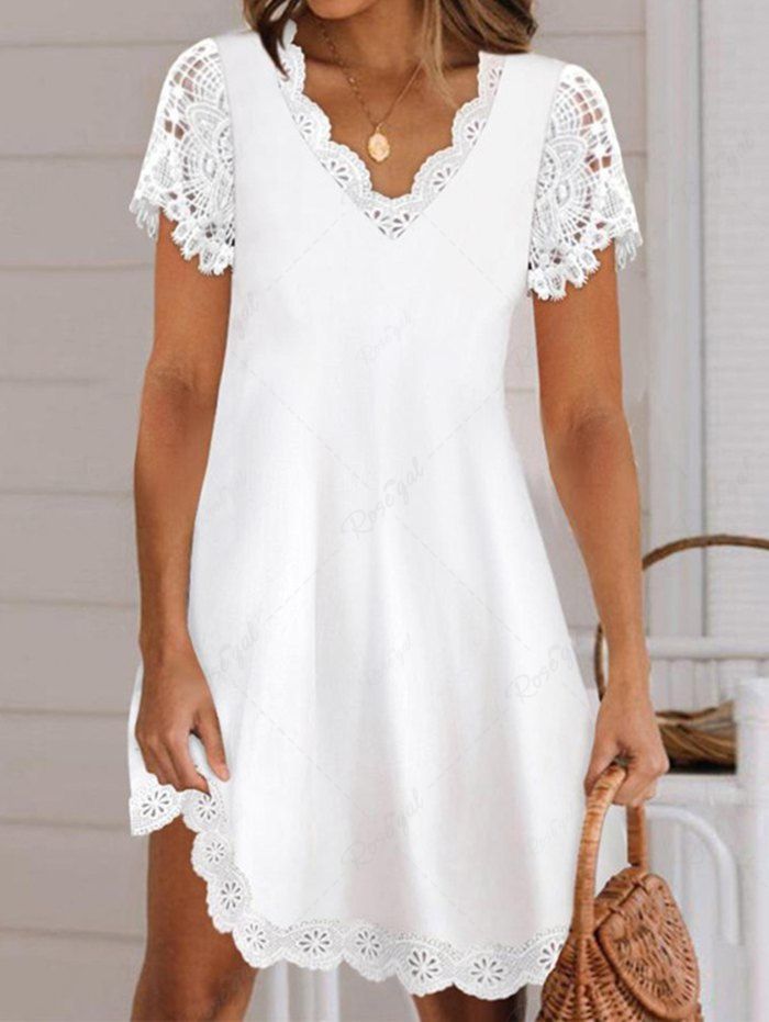 Shops Plain Color Guipure Scallop Hem Eyelash Detail Casual Dress  