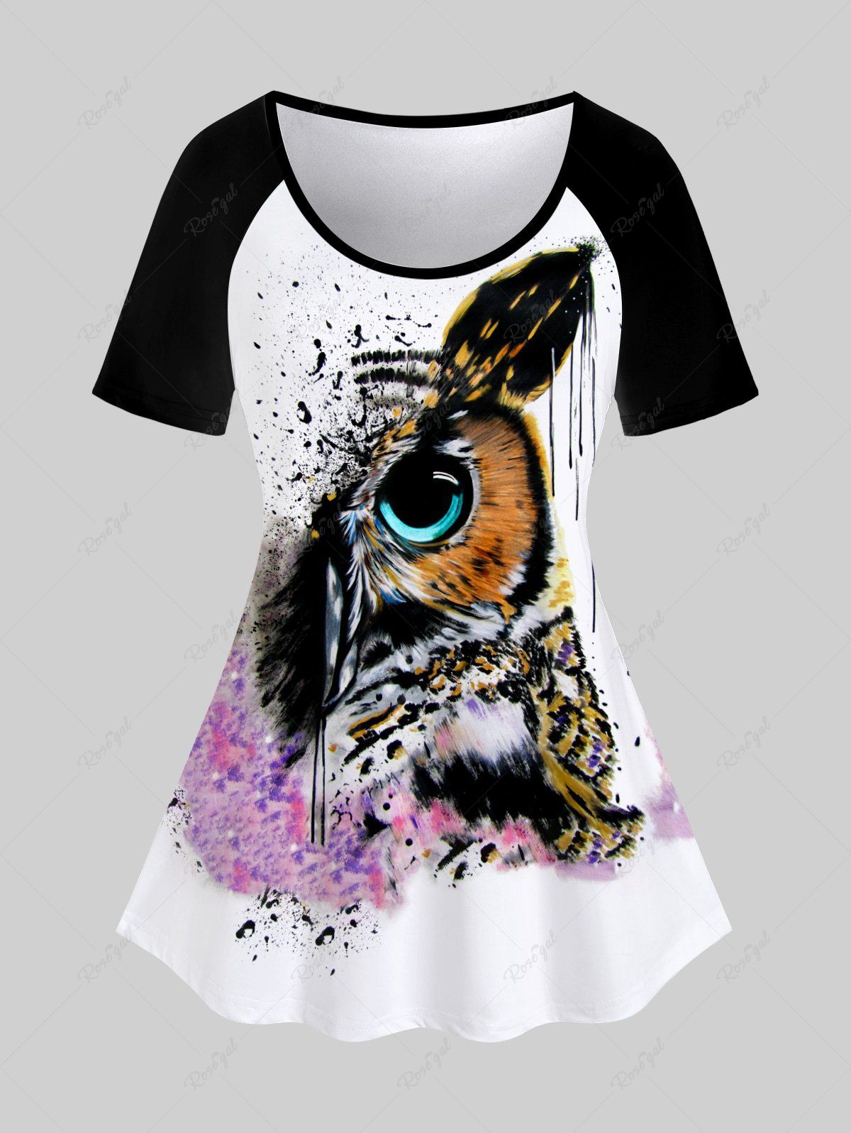 Sale Plus Size Colorblock Ink Painting Owl Print T-shirt  
