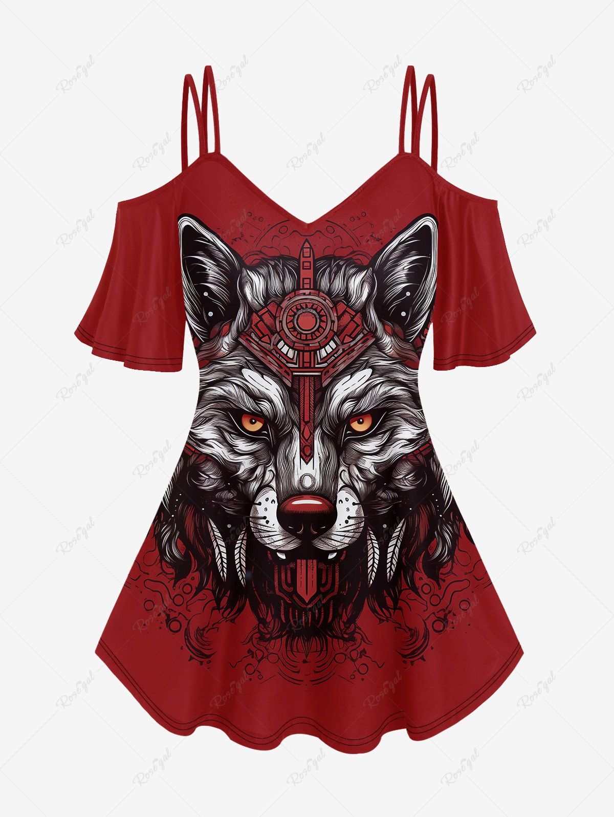 T-shirt Gothique Imprimé Loup à Épaules Nues Rouge 3X