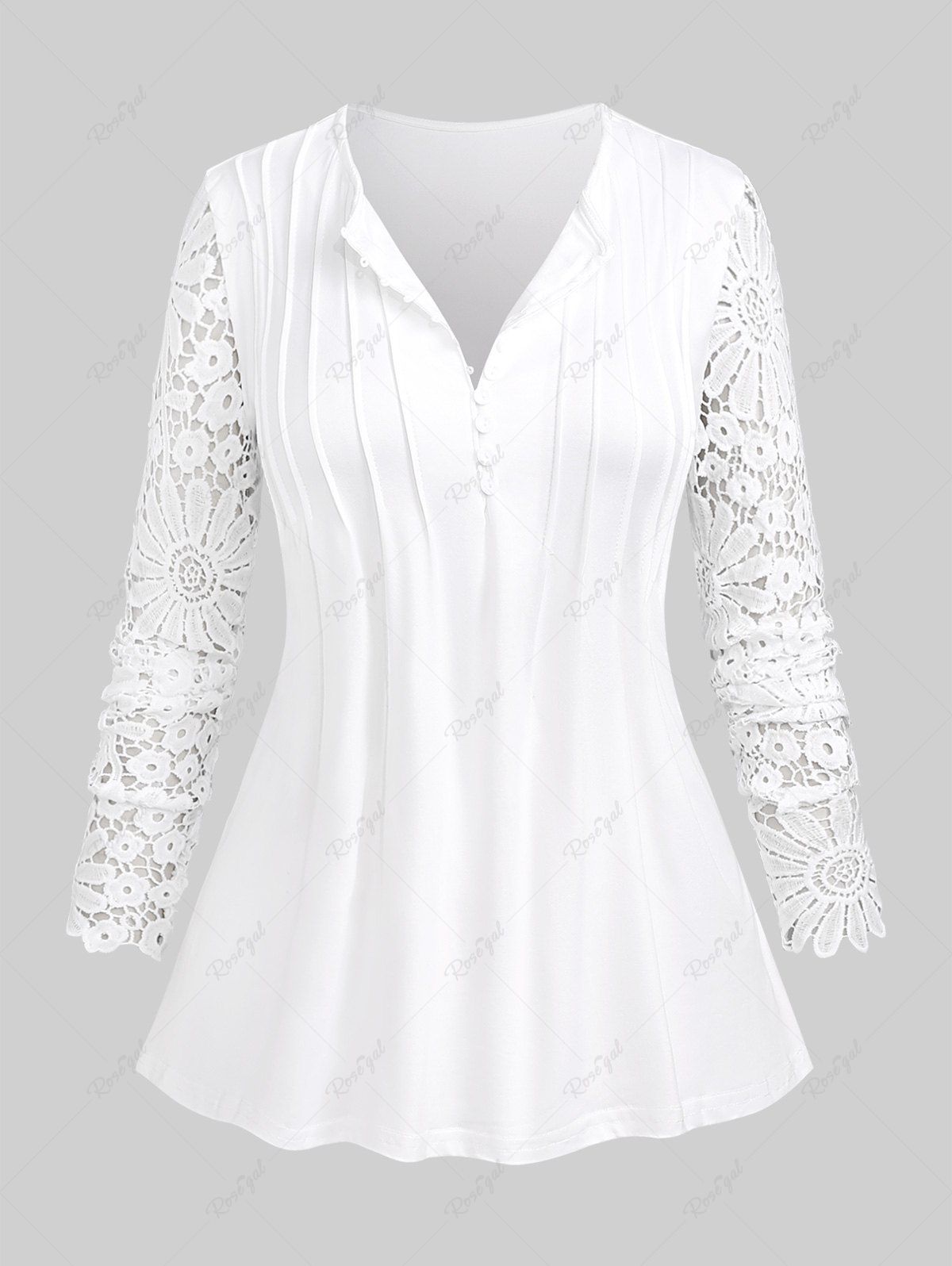 T-shirt Plissé Fleuri à Manches en Dentelle de Grande Taille avec Boutons Blanc XL