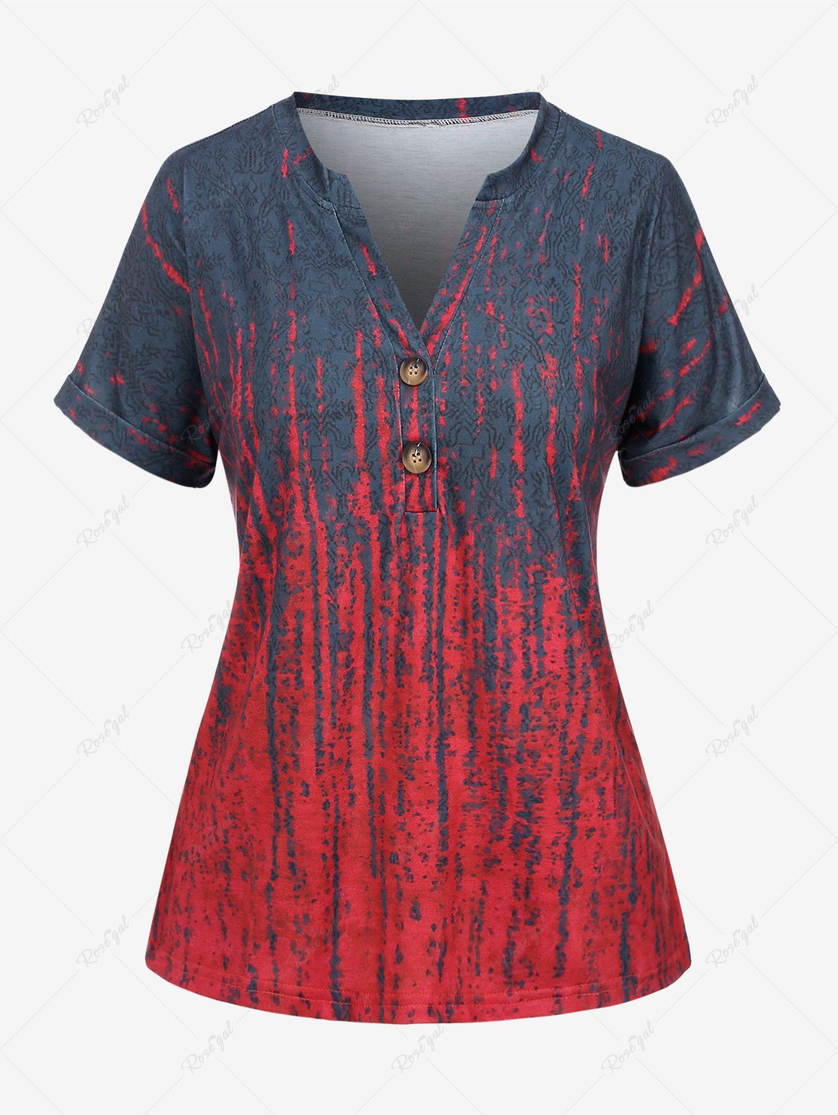 T-shirt Boutonné en Blocs de Couleurs Imprimé de Grande Taille Rouge foncé XL