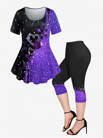Plus Size Heart Pentagram Bicolor Printed Galaxy Short Sleeves T-shirt and Pocket Capri Leggings Outfit