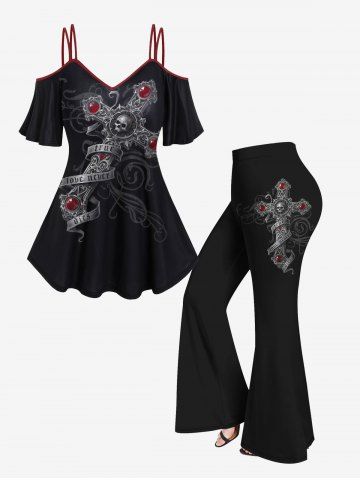 Halloween Costume Skull Cross Printed Cold Shoulder Cami Top and Flare Pants Plus Size Matching Set - BLACK