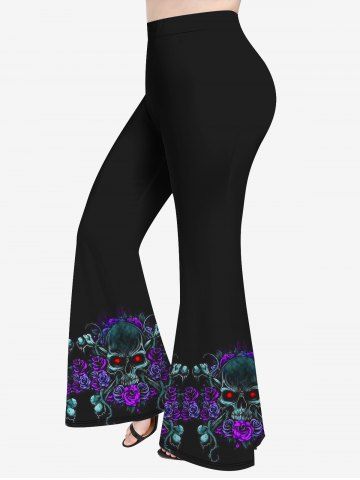 Halloween Plus Size Skull Floral Printed Flare Pants