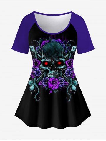 Halloween Plus Size Skull Flower Print T-shirt - BLACK - XS