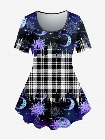 T-shirt à Carreaux Lune Soleil et Galaxie Imprimés de Grande Taille à Manches Courtes - PURPLE - 6X
