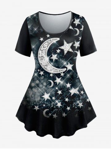 Plus Size Moon Star Glitter Print T-shirt - BLACK - 6X